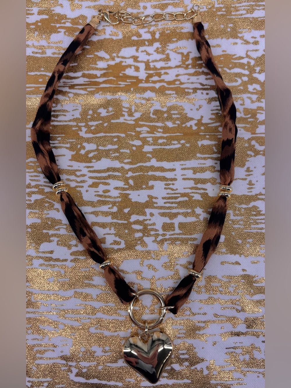 Trendy boutique Brown & Black Leopard Ribbon Necklace with Gold Heart
